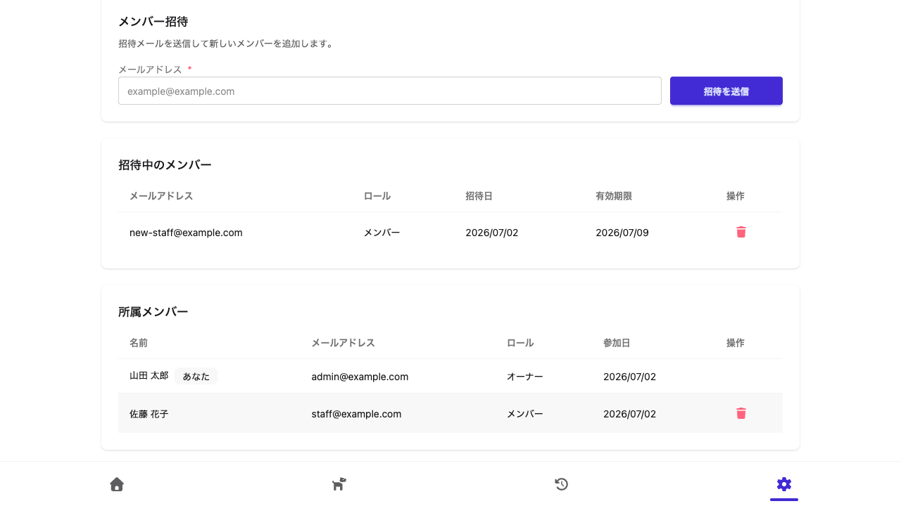 メンバー招待・招待中一覧